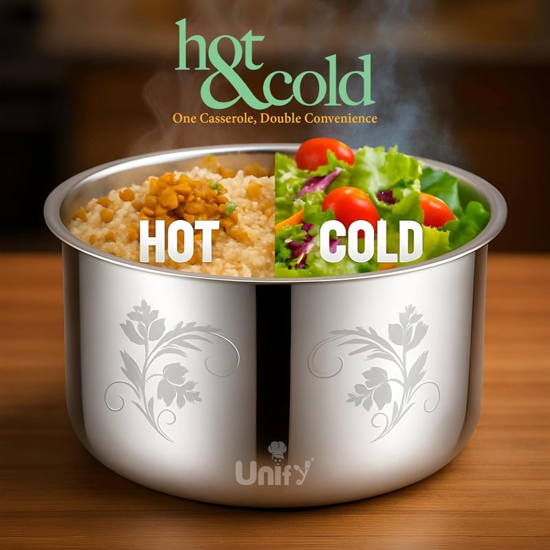 Unify Stelo Stainless Steel Insulated Casserole Hot Pot 2200 ML with Floral Design & PVD Gold Plated Handle | Lasser Finish Roti Server & Chapati Box | Food-Grade BPA Free | Keeps Food Fresh (Silver) - Image 4