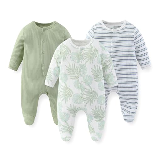 JELYLOVE Unisex Baby Boy Girl Footies Rompers Cotton Long Sleeve 3 Pack Infant Jumpsuits 0-12Months Babies' Outfits - Image 1