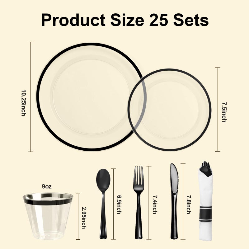 BESTSTAR 175PCS Clear & Black Disposable Party Set - 50 Plates  25 Cups  25 Napkins  Plastic Cutlery - Image 4