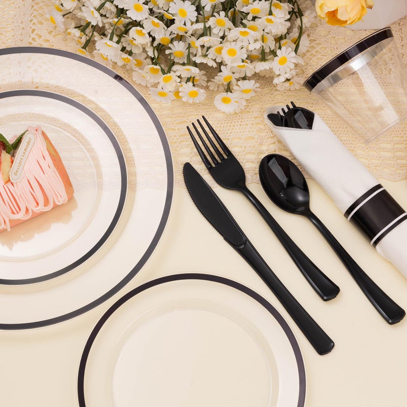 BESTSTAR 175PCS Clear & Black Disposable Party Set - 50 Plates  25 Cups  25 Napkins  Plastic Cutlery - Image 5