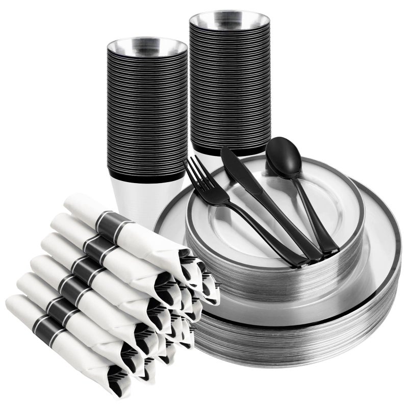 BESTSTAR 175PCS Clear & Black Disposable Party Set - 50 Plates  25 Cups  25 Napkins  Plastic Cutlery - Image 1