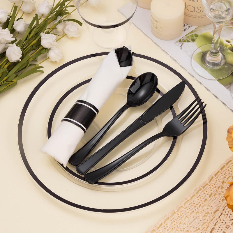 BESTSTAR 175PCS Clear & Black Disposable Party Set - 50 Plates  25 Cups  25 Napkins  Plastic Cutlery - Image 3