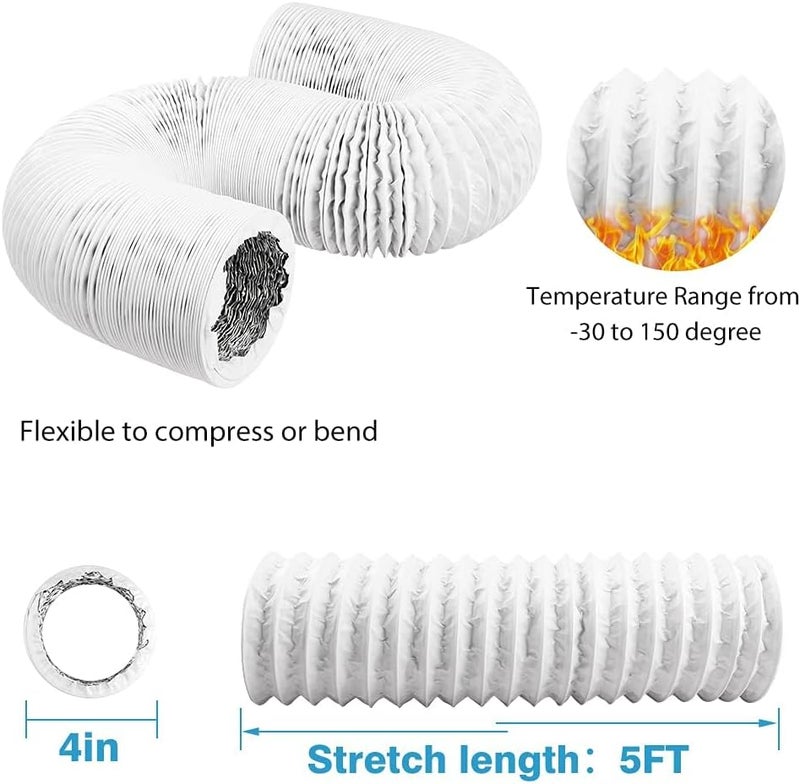 YIJUHOU 4 Inch 5 Feet Air Ducting, Flexible Aluminum Dryer Vent Hose for HVAC Ventilation, Fan Filter and Grow Tent, 2 Clamps Include (White) - Image 2