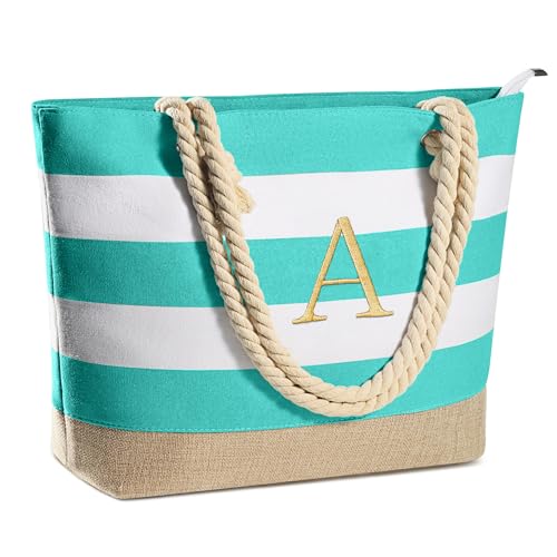 YOOLIFE Gifts for Women - Personalized Beach Bag, Travel Beach Tote Pool Essentials Bag, Birthday Gift for Mom, Sister, Friend, Teacher, Bridesmaid, Graduation, Mother's Day, Gift Idea, Initial A - Image 1