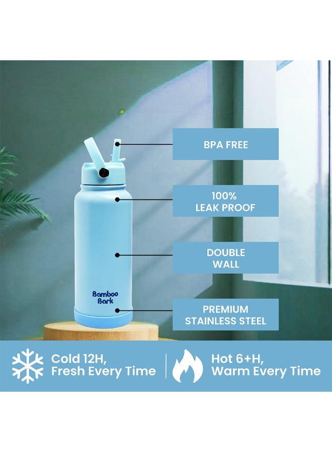 Bamboo Bark 1000 ML Insulated Water Bottle with Sipper Lid – Stainless Steel Double Wall Vacuum Flask for Hot & Cold Water Leak-Proof, Reusable Sports Thermos Bottle - (Powder Blue) - Image 2