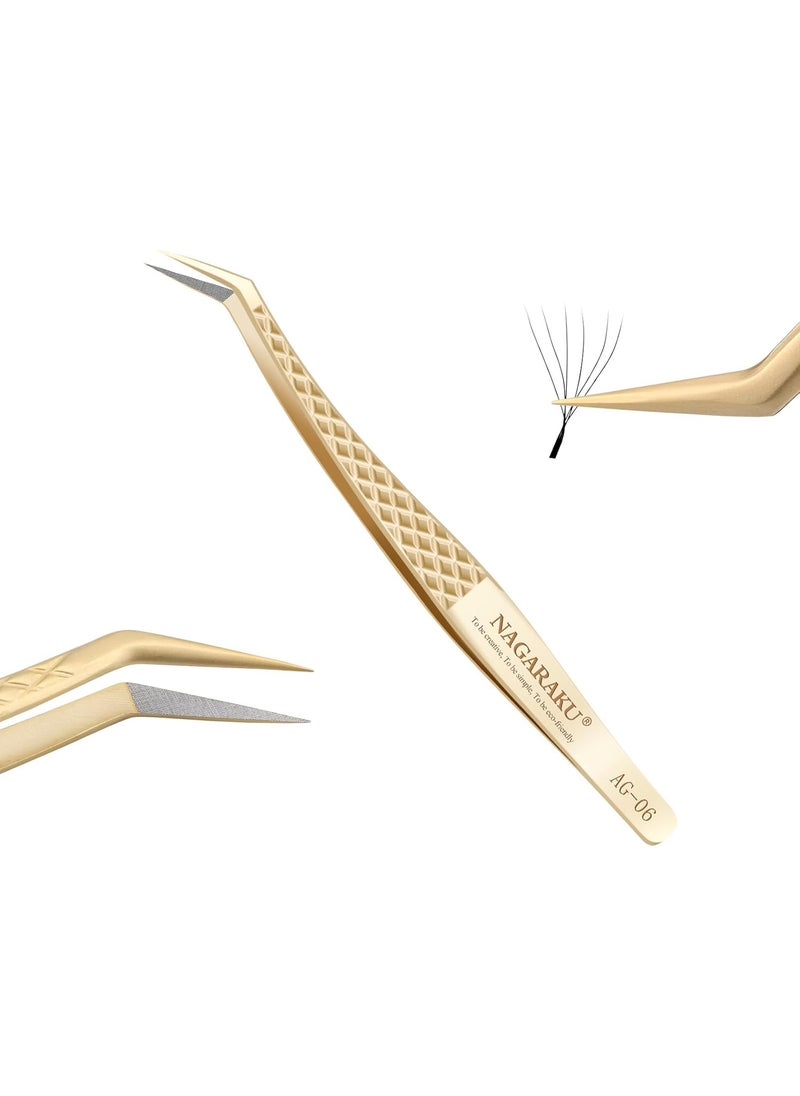 NAGARAKU NAGARAKU Eyelash Tweezers Precision Fiber Tip Tweezer for Eyelash Extensions Diamond Grip AntiStatic AntiSlip Premium Gold Stainless Steel Pointed Eyelashes Tweezers with Box Curved Tweezer AG06 