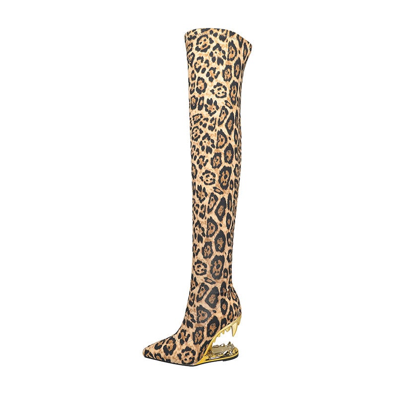 Metal Tiger Tooth Over-The-Knee Boots ~ Pointed Leopard Print Wedge Hollow-Out Gold Velvet Side Zipper Ultra-High Heel Fashion Boots - Image 2