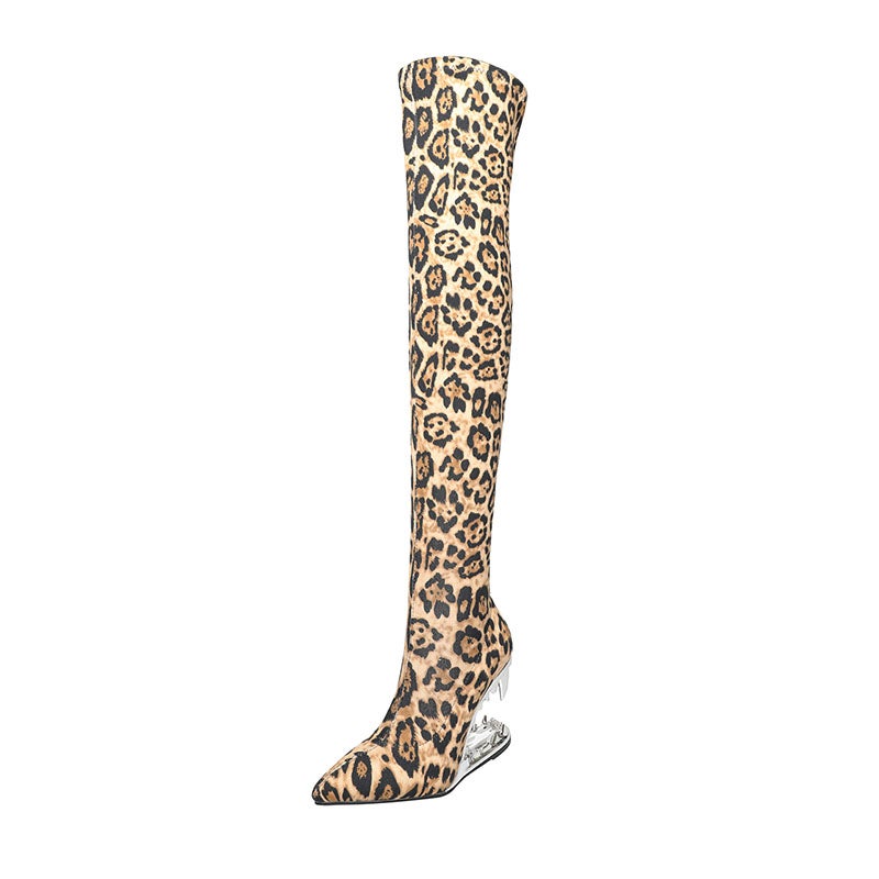 Metal Tiger Tooth Over-The-Knee Boots ~ Pointed Leopard Print Wedge Hollow-Out Gold Velvet Side Zipper Ultra-High Heel Fashion Boots - Image 1