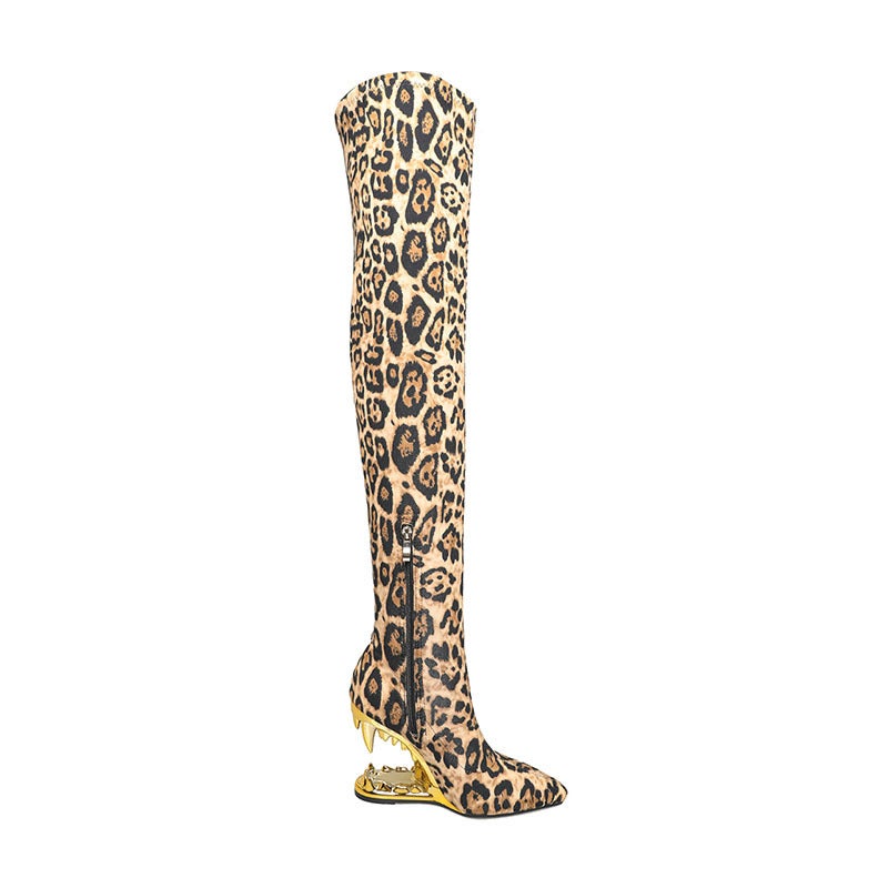 Metal Tiger Tooth Over-The-Knee Boots ~ Pointed Leopard Print Wedge Hollow-Out Gold Velvet Side Zipper Ultra-High Heel Fashion Boots - Image 3