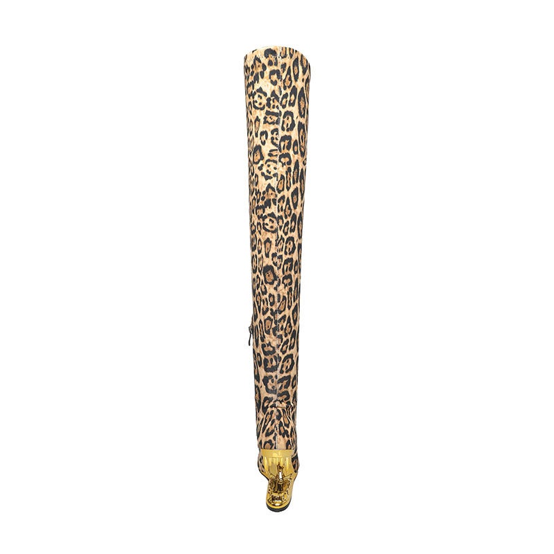 Metal Tiger Tooth Over-The-Knee Boots ~ Pointed Leopard Print Wedge Hollow-Out Gold Velvet Side Zipper Ultra-High Heel Fashion Boots - Image 4