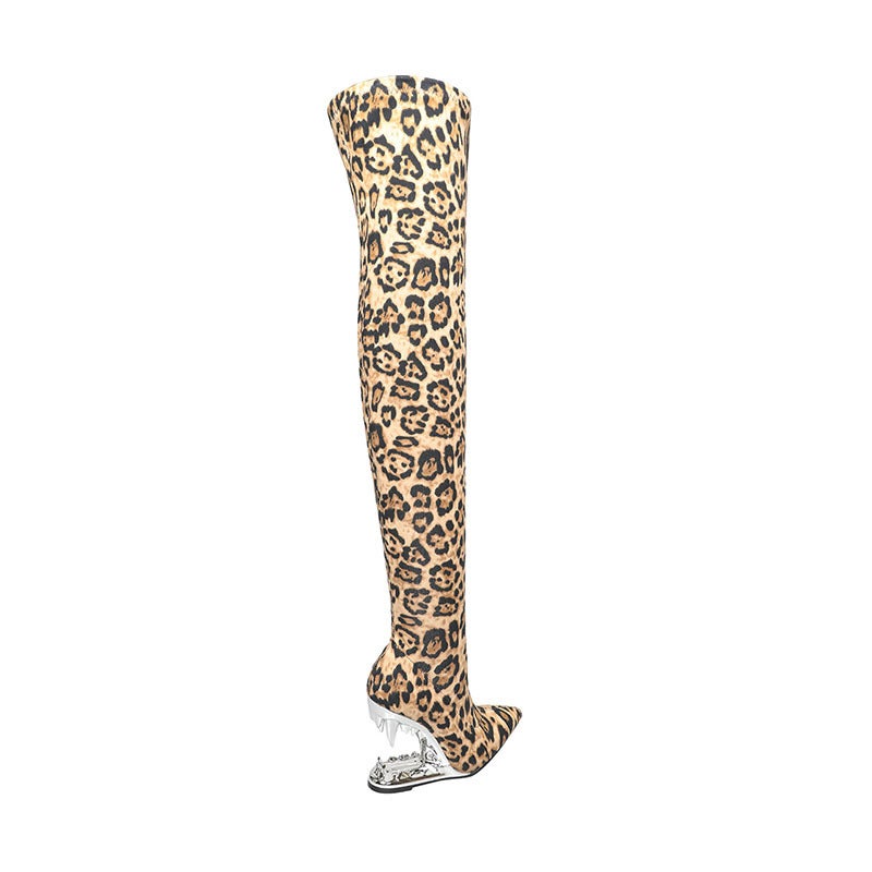 Metal Tiger Tooth Over-The-Knee Boots ~ Pointed Leopard Print Wedge Hollow-Out Gold Velvet Side Zipper Ultra-High Heel Fashion Boots - Image 5