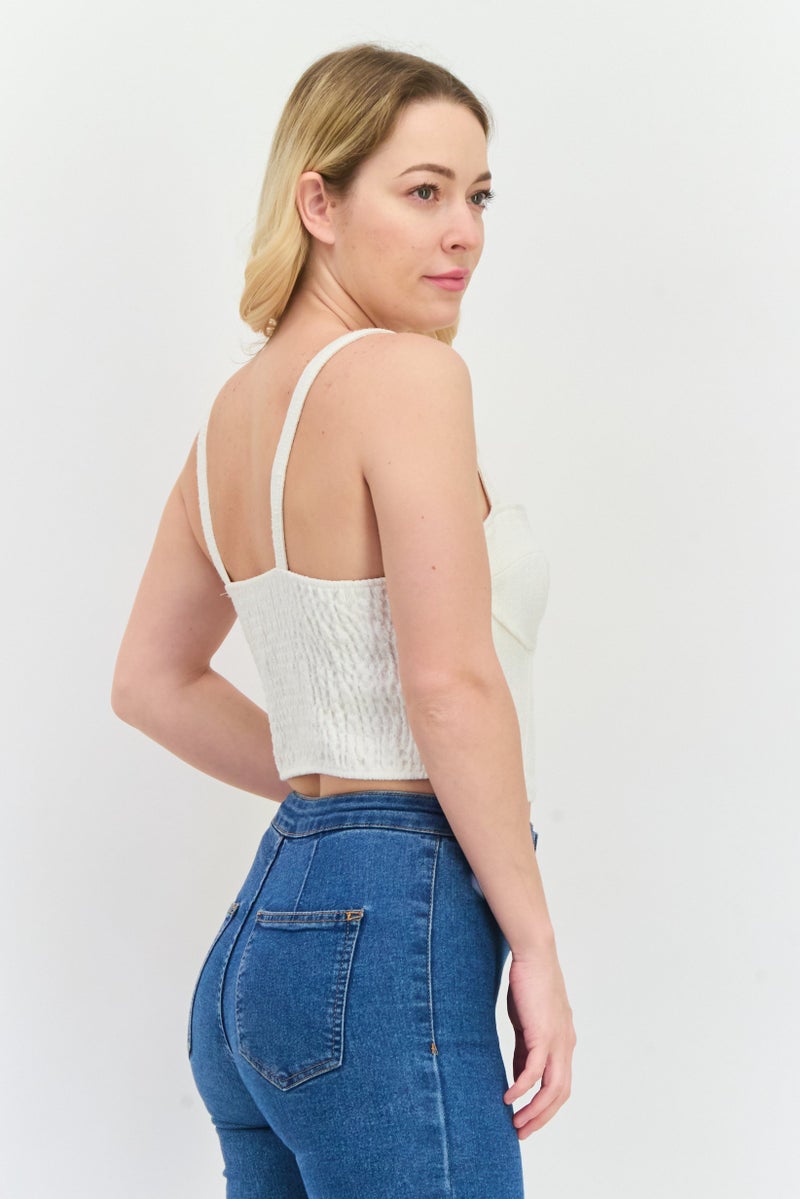 Bershka Women Sweetheart Neck Sleeveless Textured Top, Ivory - Image 2