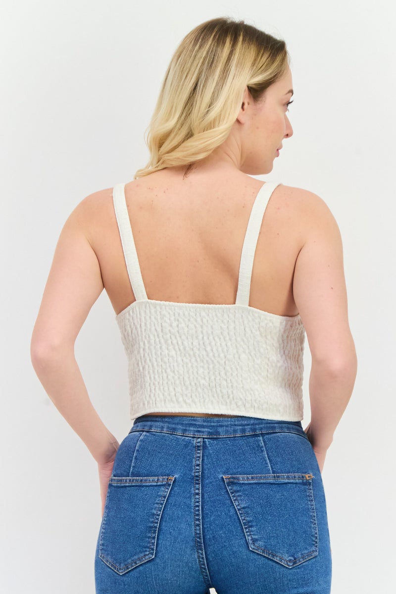 Bershka Women Sweetheart Neck Sleeveless Textured Top, Ivory - Image 3