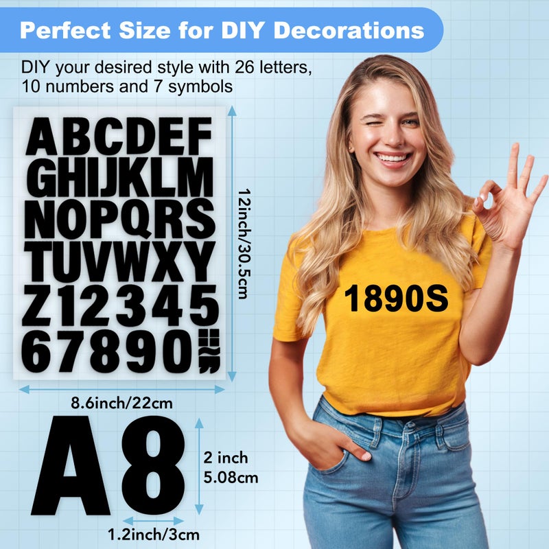 Craftizon Iron on Letters for Clothing - 5 Sheets, 215 Pieces Black PU Heat Transfer Vinyl, 2 Inch Alphabet & Numbers Stickers for T-Shirts, Easy DIY - A-Z & 0-9, Perfect for Fabric Crafting - Image 2