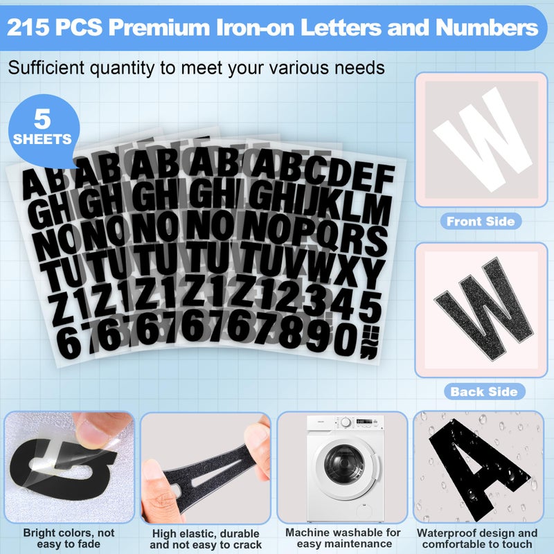 Craftizon Iron on Letters for Clothing - 5 Sheets, 215 Pieces Black PU Heat Transfer Vinyl, 2 Inch Alphabet & Numbers Stickers for T-Shirts, Easy DIY - A-Z & 0-9, Perfect for Fabric Crafting - Image 3