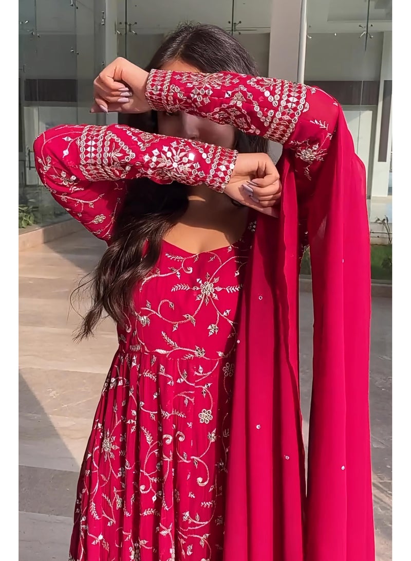 Super Asian Luxury Designer Faux Blooming Anarkali Suit with Heavy Sequin Embroidery and Dupatta - Image 2