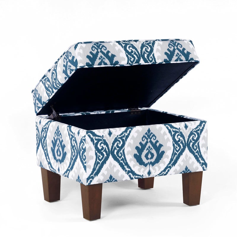 Homepop Home Decor |K7646-A877| Upholstered Modern Rectangular Storage Ottoman | Hinged Lid Ottoman with Storage for Living Room & Bedroom, Blue Ikat Medallion Print - Image 3
