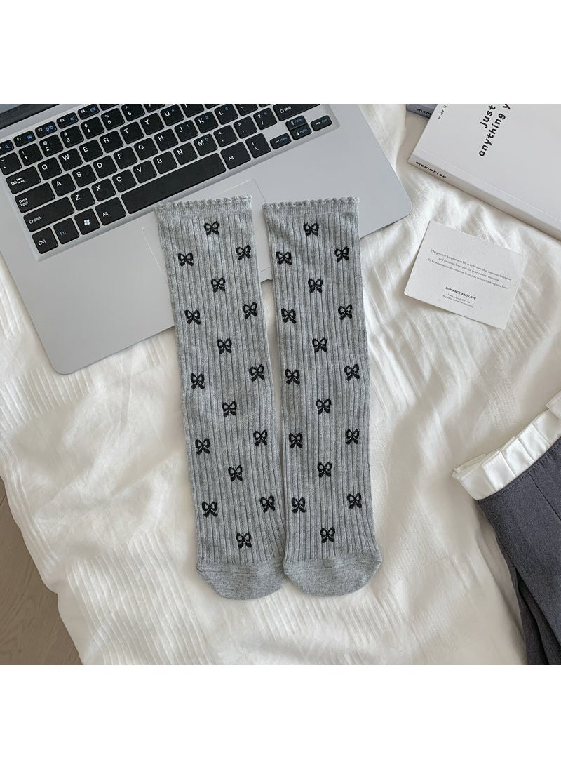 Generic - White Polka Dot Ballet Style Lace Socks with Bow Grey bow. - Image 1