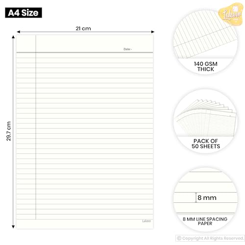 Lakeer A4 Single Side Ruled Paper - 140 GSM Thick Paper, Pack of 50 Sheets | Ideal for Projects, Assignments, Practicals, and Homework (Ivory) - Image 2