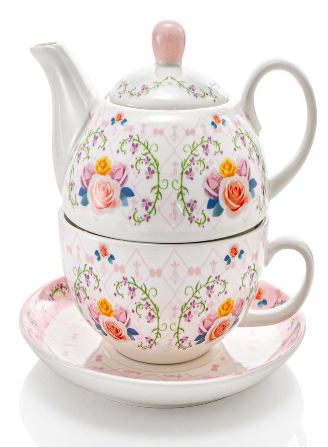 WRINGKIT Tea for One Set, Porcelain Teapot and Cup Saucer Set, Elegant Floral Tea Set for One for Women, Vintage Pink Rose Tea Set Gift for Afternoon Tea, Home, Office, Microwave, Dishwasher Safe - Image 1