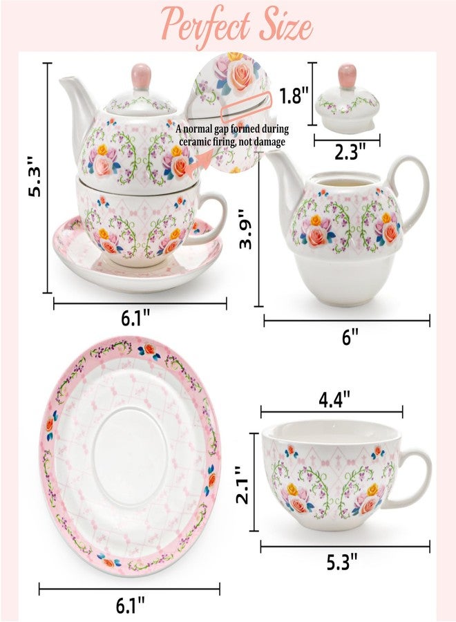 WRINGKIT Tea for One Set, Porcelain Teapot and Cup Saucer Set, Elegant Floral Tea Set for One for Women, Vintage Pink Rose Tea Set Gift for Afternoon Tea, Home, Office, Microwave, Dishwasher Safe - Image 2