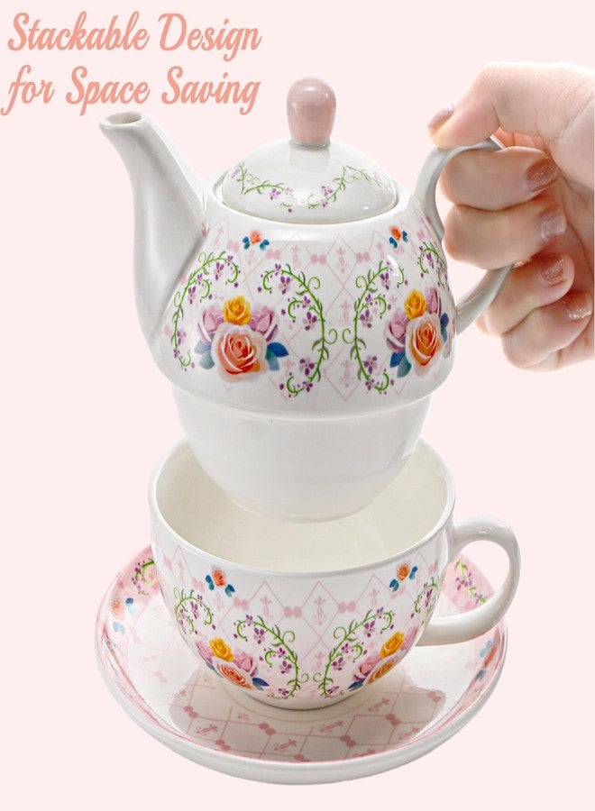 WRINGKIT Tea for One Set, Porcelain Teapot and Cup Saucer Set, Elegant Floral Tea Set for One for Women, Vintage Pink Rose Tea Set Gift for Afternoon Tea, Home, Office, Microwave, Dishwasher Safe - Image 3