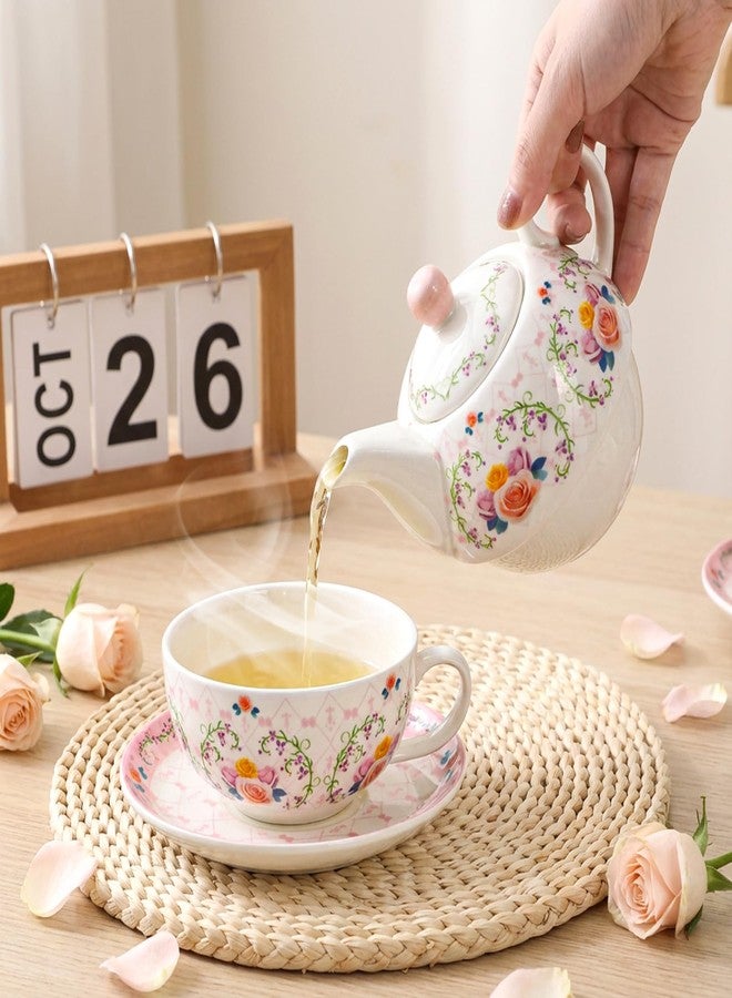 WRINGKIT Tea for One Set, Porcelain Teapot and Cup Saucer Set, Elegant Floral Tea Set for One for Women, Vintage Pink Rose Tea Set Gift for Afternoon Tea, Home, Office, Microwave, Dishwasher Safe - Image 5