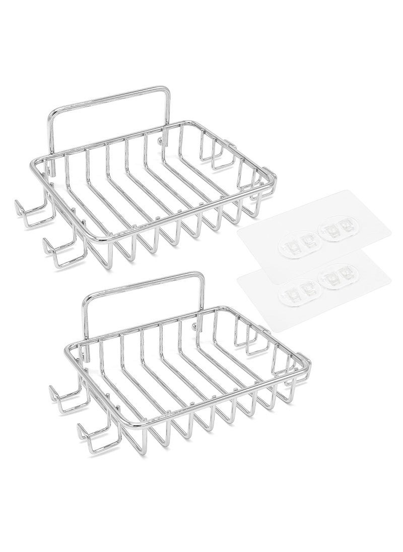 Stainless Steel Soap Dish Holder for Shower - 2 Pack with 4 Hooks, Adhesive Wall-Mounted Bar Soap Holder
