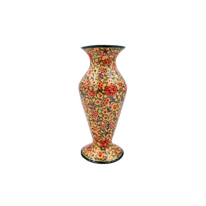 LUXURY HANDPAINTED CHINAR WORK FLOWER VASE FROM KASHMIR DECORATIVE PAPER MACHIE CRAFT FOR HOME AND OFFICE DECOR AND GIFTING SAFFRON