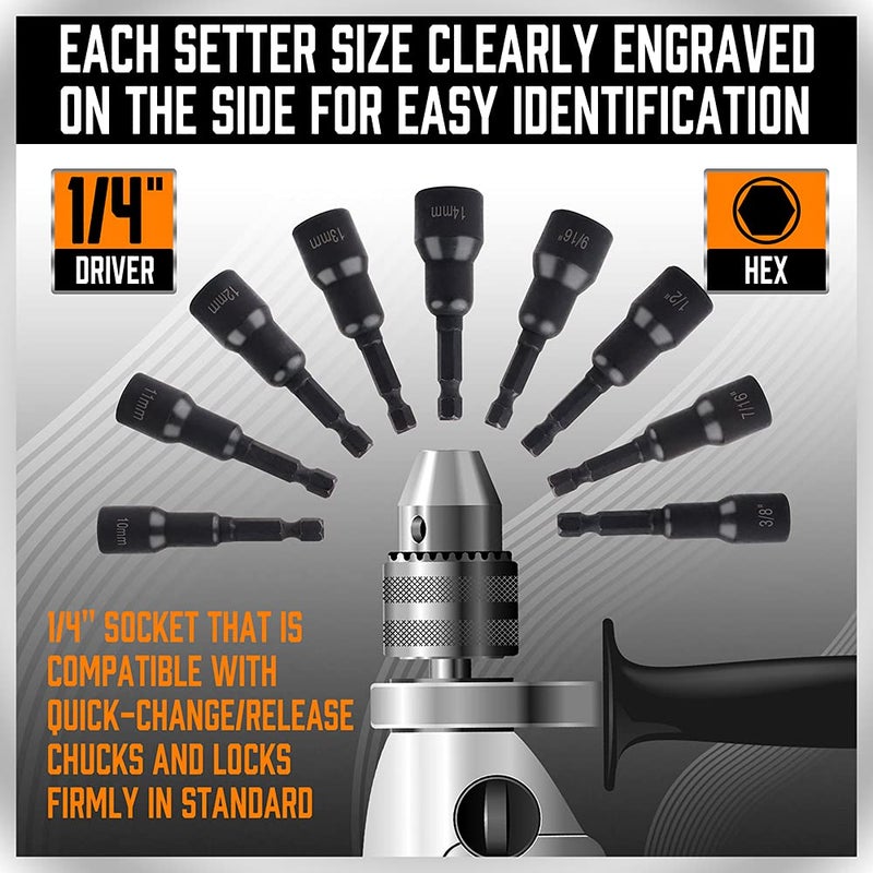 SEDY 12-Piece Magnetic Nut Driver Set - Premium Impact Power Hex Nut Driver Drill Bit Master Kit, SAE & Metric, 1/4-Inch Quick-Change - Image 3
