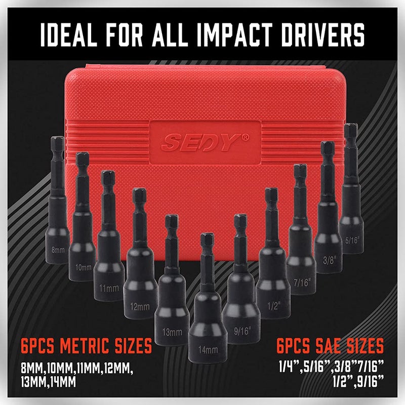 SEDY 12-Piece Magnetic Nut Driver Set - Premium Impact Power Hex Nut Driver Drill Bit Master Kit, SAE & Metric, 1/4-Inch Quick-Change - Image 4