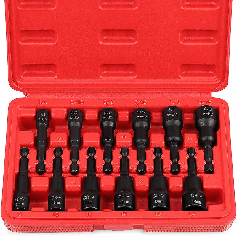 SEDY 12-Piece Magnetic Nut Driver Set - Premium Impact Power Hex Nut Driver Drill Bit Master Kit, SAE & Metric, 1/4-Inch Quick-Change - Image 1