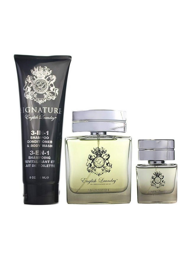 انجلش لوندري مجموعة هدايا Signature للرجال مكونة من 3 قطع | عطر 0.68 أونصة + عطر 3.4 أونصة + شامبو/بلسم/غسول للجسم 3 في 1 8 أونصة للرجال من 0.68 أونصة سائلة 