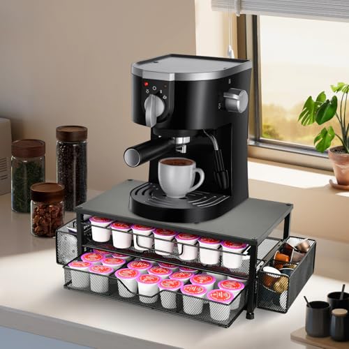 Spacrea K Cup Holder Organizer- Coffee Pod Holder for Counter with 2 Tier Sliding Storage Drawer, Coffee Station Bar Accessories Holder, 63 Large or 80 Small Capsules, Home Kitchen (Black) - Image 2