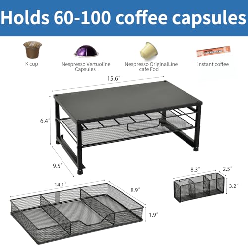 Spacrea K Cup Holder Organizer- Coffee Pod Holder for Counter with 2 Tier Sliding Storage Drawer, Coffee Station Bar Accessories Holder, 63 Large or 80 Small Capsules, Home Kitchen (Black) - Image 3