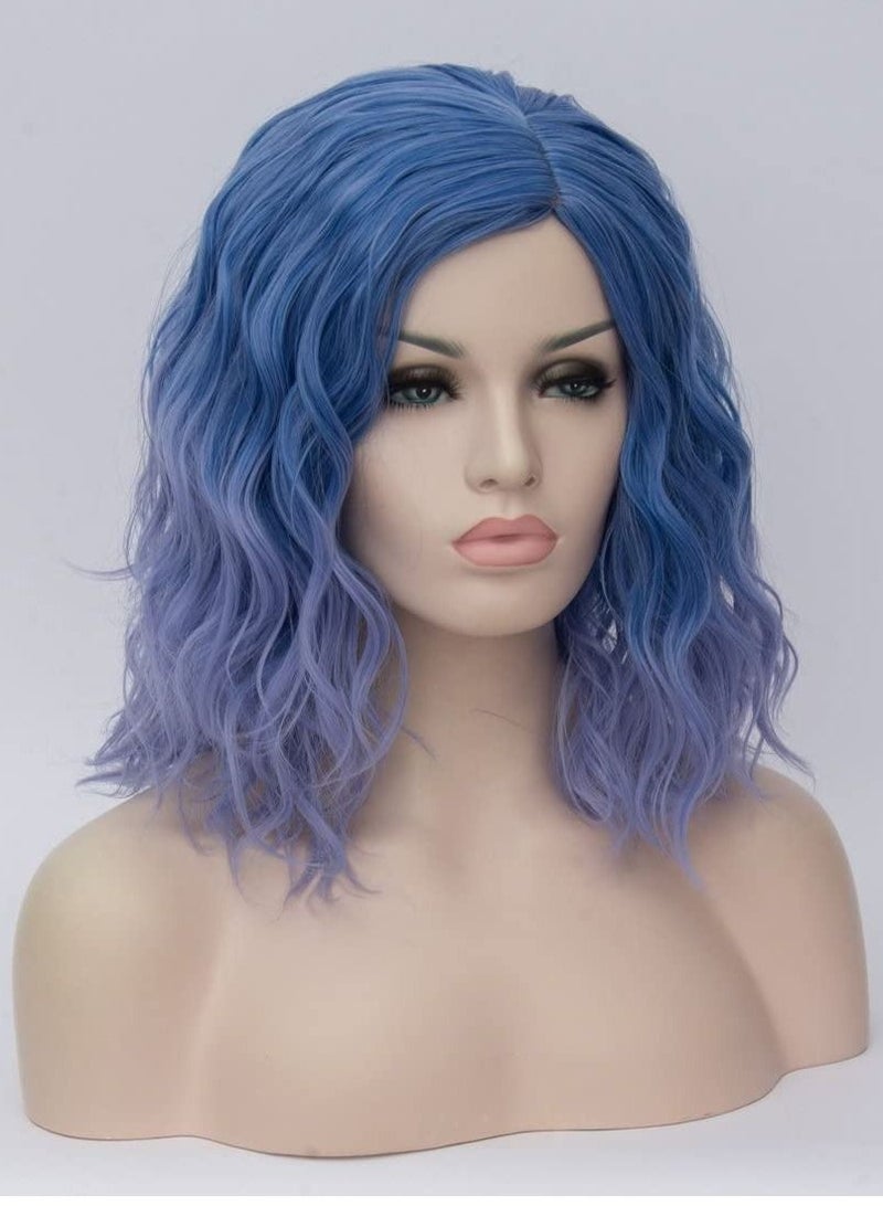 Estelle Short Bob Wavy Curly Wig For Women Heat Resistant Bob Party Wig Include Wig Cap Light Blue - Image 2