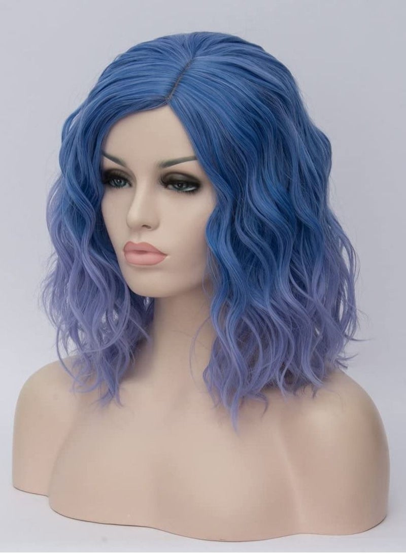 Estelle Short Bob Wavy Curly Wig For Women Heat Resistant Bob Party Wig Include Wig Cap Light Blue - Image 3