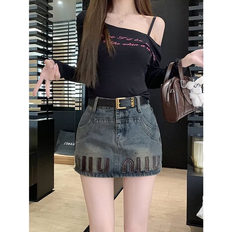 Vintage Spice Girl Design Sense Denim Skirt Women'S Summer And Autumn Plus Size Chubby Girl High Waist Slimming A- Line Hip Skirt - Image 1