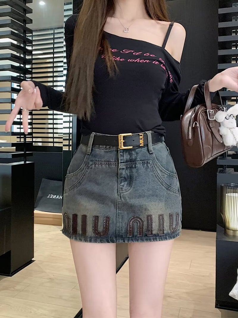 Vintage Spice Girl Design Sense Denim Skirt Women'S Summer And Autumn Plus Size Chubby Girl High Waist Slimming A- Line Hip Skirt - Image 4