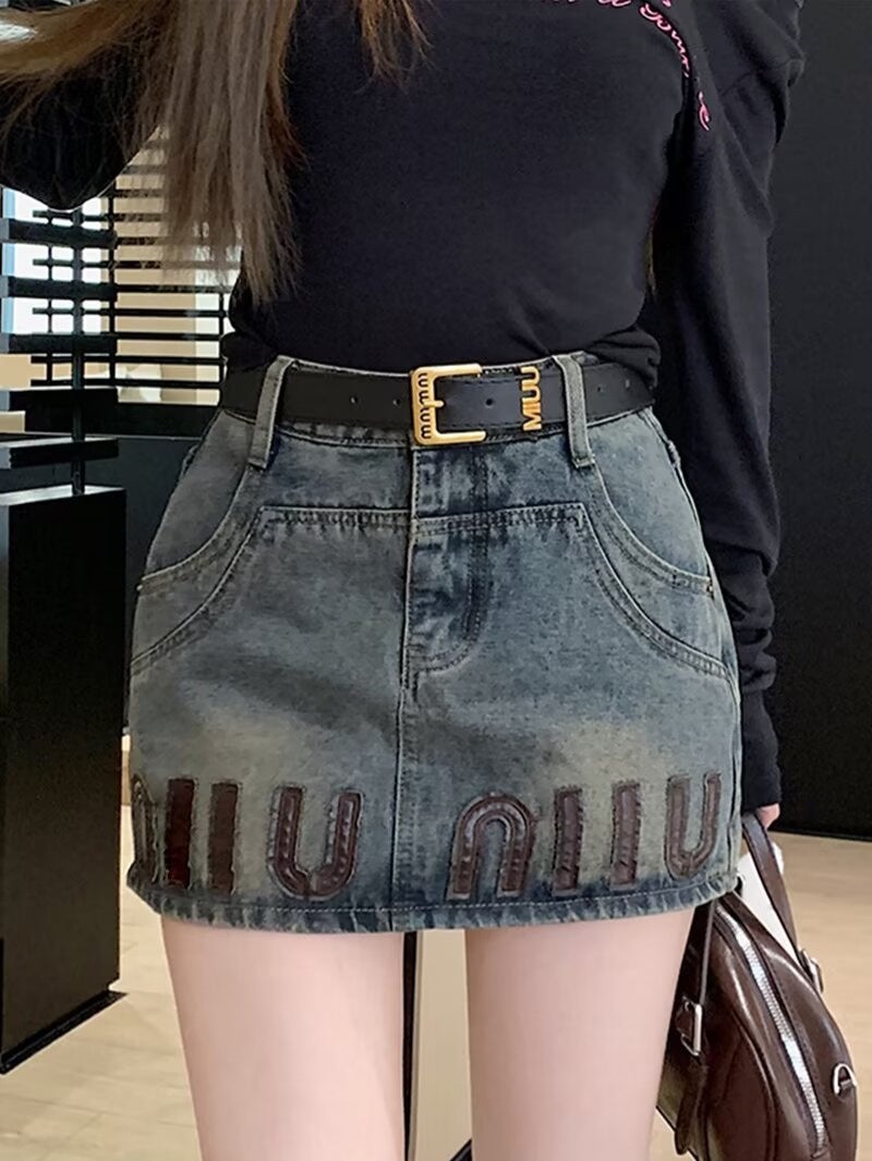 Vintage Spice Girl Design Sense Denim Skirt Women'S Summer And Autumn Plus Size Chubby Girl High Waist Slimming A- Line Hip Skirt - Image 2