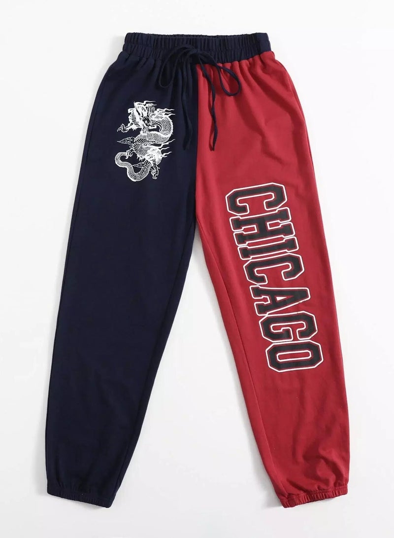 Letter & Chinese Dragon Graphic Spliced Joggers - Image 4
