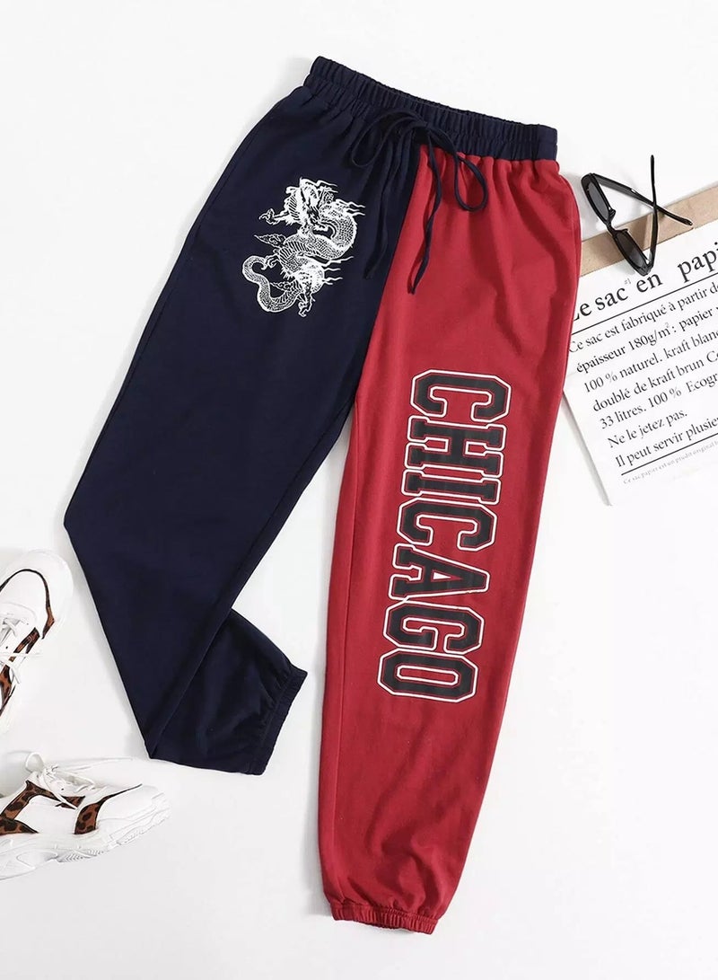 Letter & Chinese Dragon Graphic Spliced Joggers - Image 1