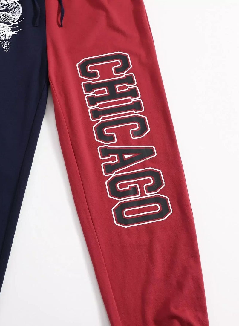 Letter & Chinese Dragon Graphic Spliced Joggers - Image 3