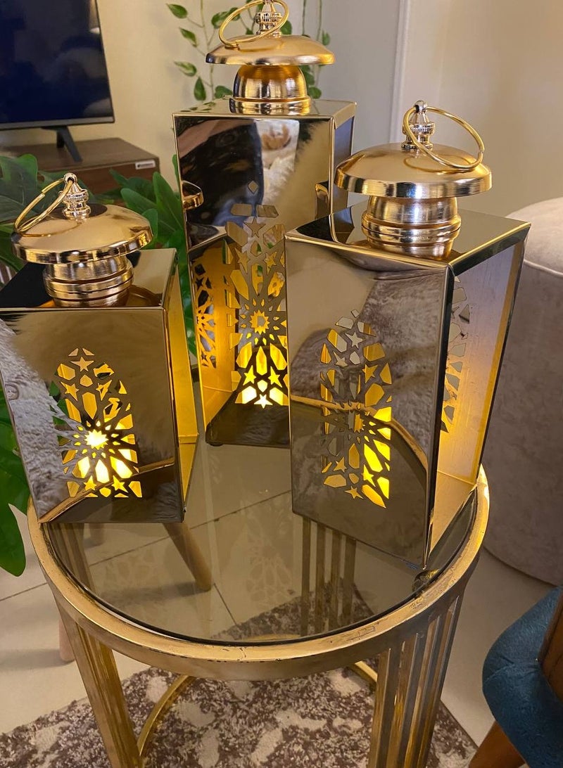 Islamic lantern set, gold metal  3 pieces  Sizes  Large 35 cm height  Medium 30 cm height  Small 25 cm height - Image 1