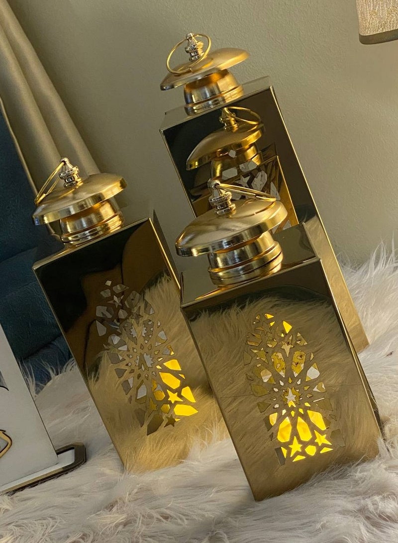 Islamic lantern set, gold metal  3 pieces  Sizes  Large 35 cm height  Medium 30 cm height  Small 25 cm height - Image 2