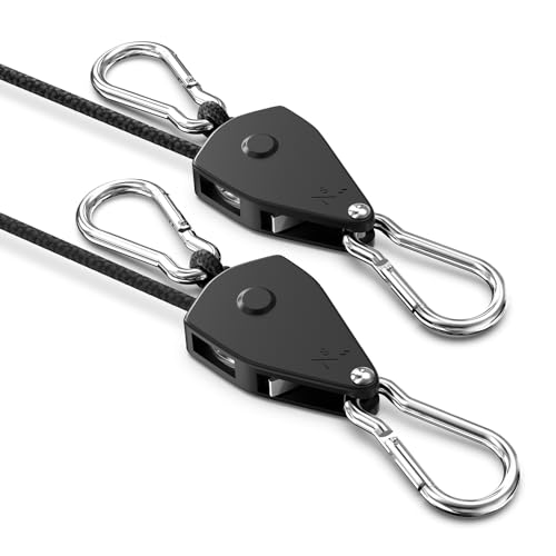 VIPARSPECTRA Retractable Heavy Duty Ratchet Tie Down Straps [2 Pack, 8ft, 75lbs/Pack], Rope Pulley System with Carabiner Hook for Hanging Plants/Grow Light/Tents Various Tie-Down Uses - Image 1