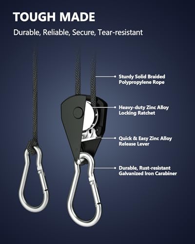 VIPARSPECTRA Retractable Heavy Duty Ratchet Tie Down Straps [2 Pack, 8ft, 75lbs/Pack], Rope Pulley System with Carabiner Hook for Hanging Plants/Grow Light/Tents Various Tie-Down Uses - Image 4