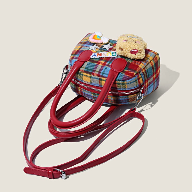 Cute Plaid Shoulder Bag with Little Brown Bear - Image 3