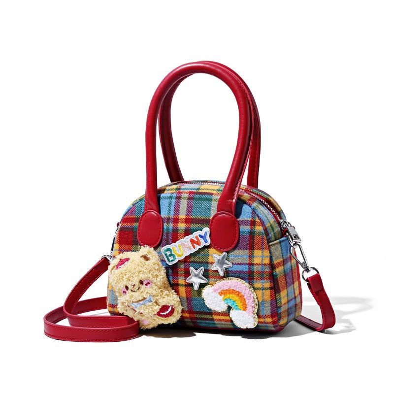 Cute Plaid Shoulder Bag with Little Brown Bear - Image 5