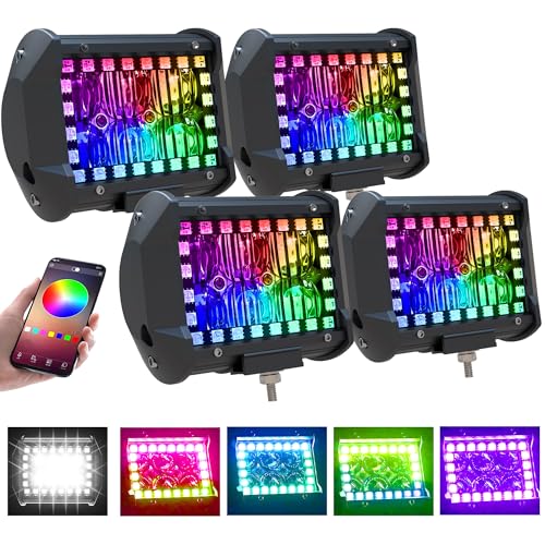 ASLONG 4PCS 4" inch LED Pods Flood Work Light Bar with Multi-Color Chasing RGB Halo 16 Solid Colors Over 92 Flashing Modes Offroad Pods Lights LED Driving Fog Lights with Switch Wiring Harness - Image 1